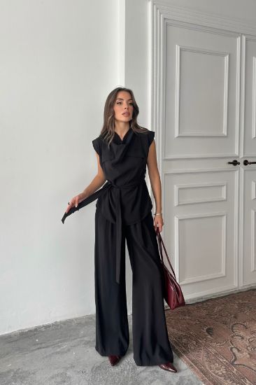 TENCEL MODAL KOLSUZ BLUZ KAPALI CEP DETAYLI DÖKÜMLÜ - PANTOLON TAKIM - Siyah resmi